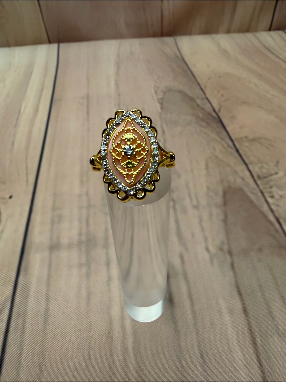 Vintage-Inspired Pink Cabochon & Crystal Halo Gold-Tone Statement Ring